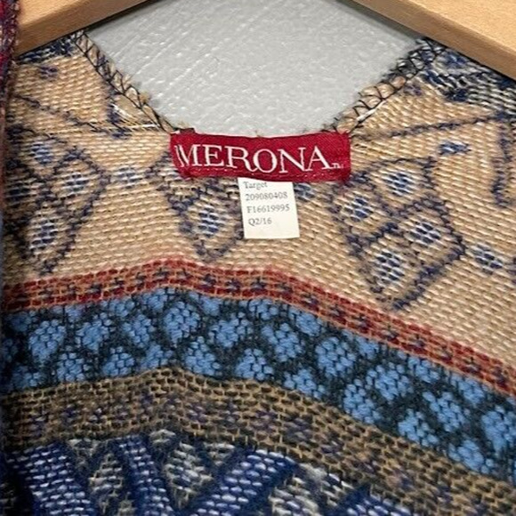 Merona One Size Boho Blanket Shawl Fringe Western Festival Ruana Southwest Aztec - Picture 5 of 5